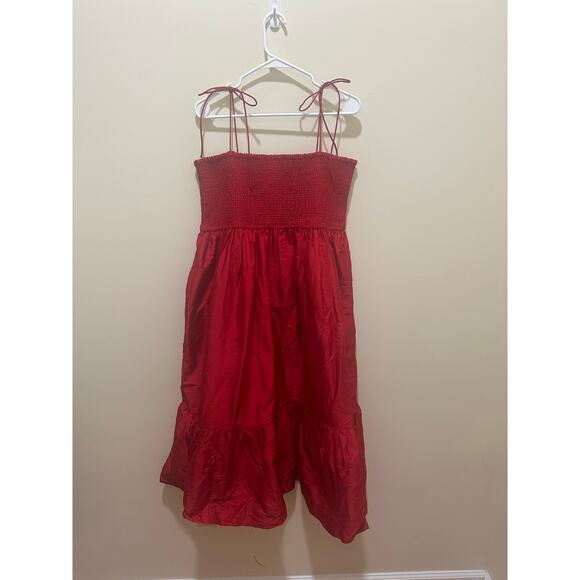 Dhruv Kapoor Sz L Anthropologie Smocked Cerise Dress Red Tiered Long - Nice! - Picture 3 of 8